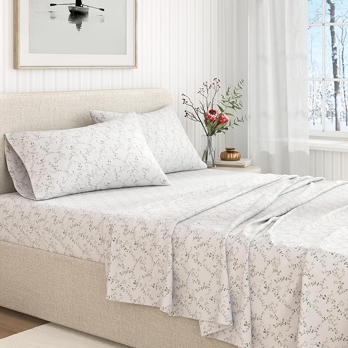 Great Bay Home Flannel Sheet Set Queen Size - 100% Turkish Cotton, Double-Brushed, Winter Floral Bed Sheets - Ultra-Soft, Cozy, 4-Piece Bedding Set (Winter Vines Green)