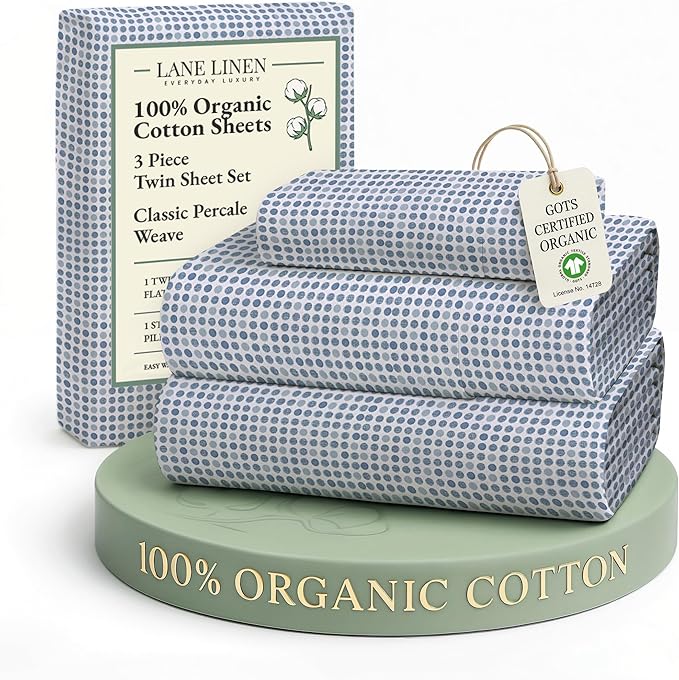 LANE LINEN 100% Organic Cotton Twin Sheets Set - 3 PC Bedding Sheets & Pillowcases - Breathable & Cooling Bed Sheets - Deep Pocket up to 15", Sheets for Twin Size Bed: Polka Dot (Blue)