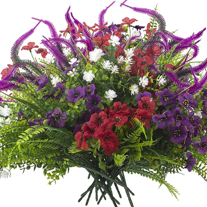 20Pcs Artificial Flowers for Outdoor UV Resistant & Waterproof, Realistic Fade-Proof Faux Greenery Shrubs Hanging Plants for Garden Porch Yard Lawn Patio Decorations (Vibrant Colors)