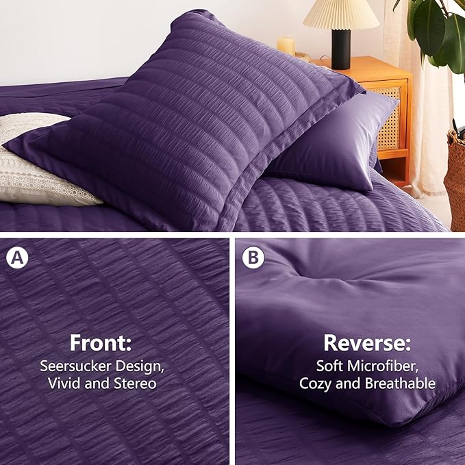 CozyLux Full Size Comforter Sets with Sheets 7 Pieces, Purple Seersucker Bed in a Bag Textured Luxury Soft Bedding Set with Down Alternative Comforter, Sheets, Pillowcases & Shams for All Seasons