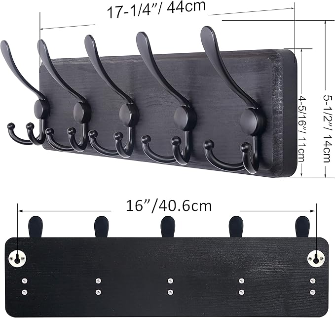 SKOLOO Rustic Wall Mounted Coat Rack: 16" Hole to Hole, Pine Real Wood Plank Wall Coat Rack with 5 Triple Hooks, Farmhouse Coat Hanger Wall Mount for Hanging Backpack Jacket Coat Hat