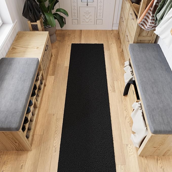 Ottomanson 2' x 20' Shaggy Runner Rug - Plush & Cozy Non-Slip Carpet for Bedroom, Living Room, Bathroom & Entryway - Durable & High-Traffic Friendly for Hallways & Dorms, Black