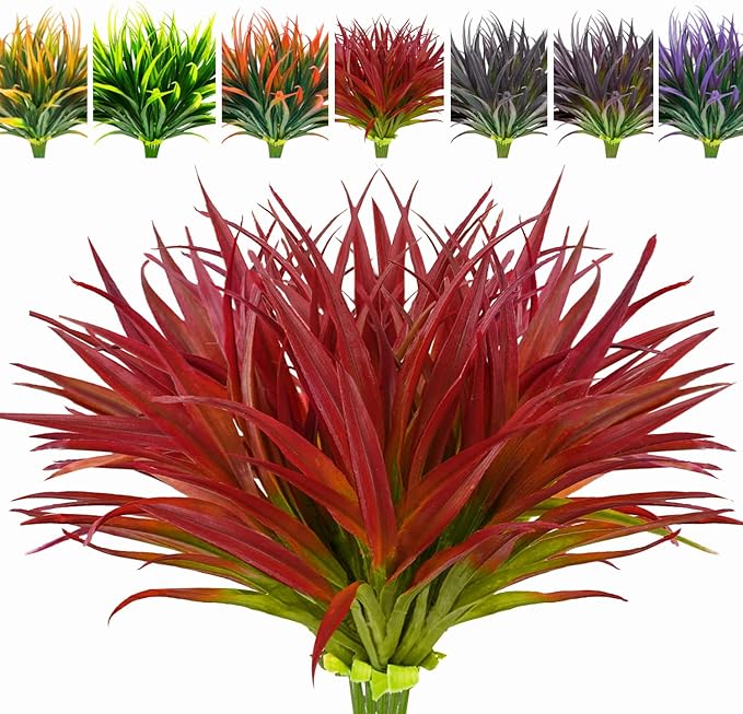 8 Pcs Outdoor Fake Plants UV Resistant Artificial Tall Grass Plants Faux Tropical Flowers Bushes Décor Fall Winter Summer Planters Patio Front Door Porch Plastic Greenery & Shrubs Decoration