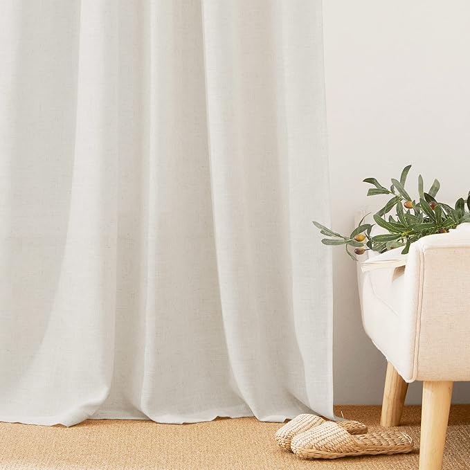 RYB HOME Linen Blend Curtains for Kitchen Bedroom, Thick Heavy Textured Breathable Light Filtering Semi Sheer Short Drapes for Small Window Sunroom, W 42 x L 54 inches, Linen, 2 Panels