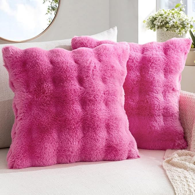 MIULEE Pack of 2 Decorative Pillow Covers Thick Soft Plush Faux Fur Throw Pillows Luxury Home Decor for Couch Bedroom Living Room Sofa,18x18 Inch Hot Pink