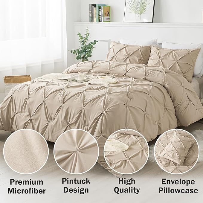Andency Full Comforter Set Khaki, 3 Pieces Pinch Pleat Bedding Comforters & Sets, Pintuck Lightweight Fluffy All Season Bed Set for Women Men Girls(79x90Inch)