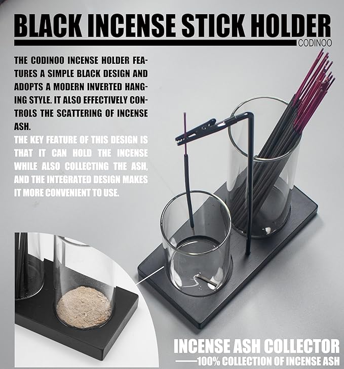 2 in 1 Incense Holder for Sticks Incense Burner Holder with Storage,Glass Upside Down Incense Holder for Sticks with Glass Ash Catcher for Meditation Yoga Spa Room Decor[Black]