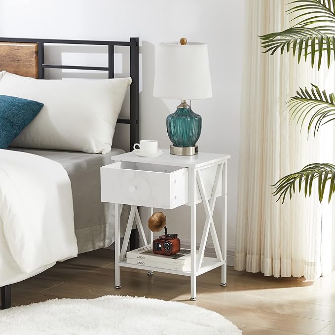 VECELO Nightstands Set of 2, Modern Bedside End Tables, Night Stands with Drawer and Storage Shelf for Living Room Bedroom, Industrial Metal Frame