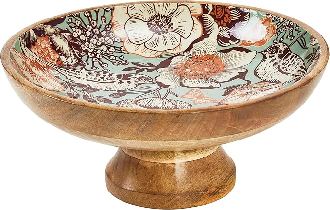 VHC Brands Natural with Bird Print Wooden Fruit Bowl 5.5x12x12, Kitchen Decor, Decorative Wooden Pedestal Bowl, Perfect Centerpiece for Table, Island, or Counter