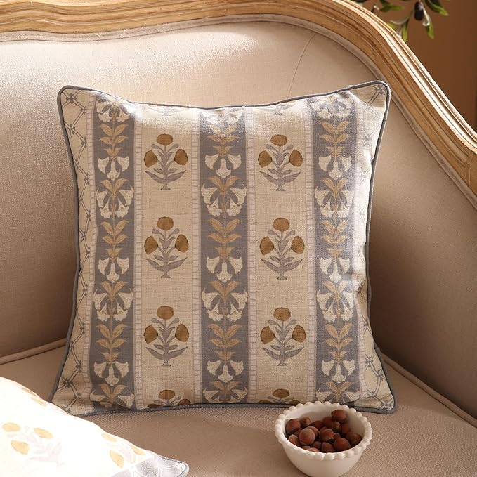 patdrea Designer Square Throw Pillow Covers Set of 2,Rustic Linen with Elegant Grey Blue Floral Pattern Pillows Cover,Decorative Pillowcases Cushion for Bed Living Room Outdoor Car,18 x18 Inches
