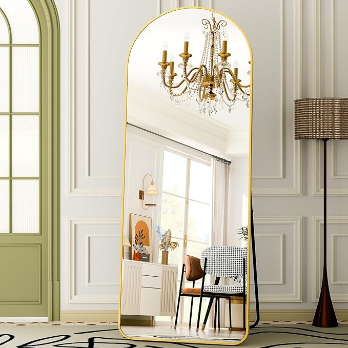 Modern Arched Full-Length Mirror, 64"x21" Arched Floor Mirror with Stand, Wall-Mounted Mirror for Bathroom, Dressing Room - Hanging or Leaning - Full Body Mirror for Bedroom, Gold