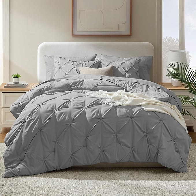 Nestl California King Comforter Set 7 Piece - Pintuck Cal King Comforter Set Grey, California King Bed in a Bag, All Season Bed Set with Flat Sheet and Fitted Sheet, Pillowcases and Shams