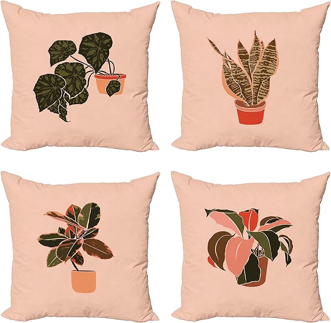 Ambesonne Botanical Throw Pillow Cushion Case Pack of 4, Digital Watercolor Effect Modern Print of House Plants Leaves Pots, Modern Accent Double-Sided Digital Printing, 16", Peach Emerald and Salmon