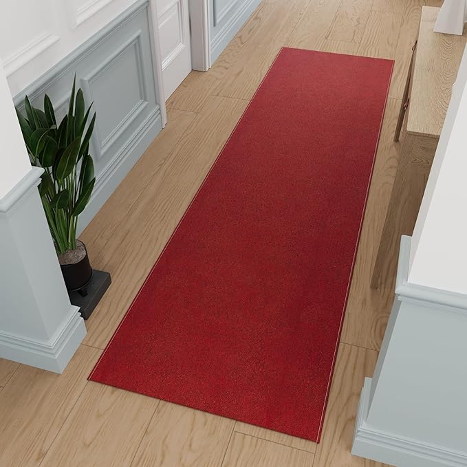 Ottomanson 2'7" x 18' Ultra-Thin Hallway Runner Rug - Durable Non-Slip Carpet for High-Traffic Areas - Fits Under Doors for Seamless Entry - Ideal for Kitchen, Entryway, Bedroom & Living Room, Red