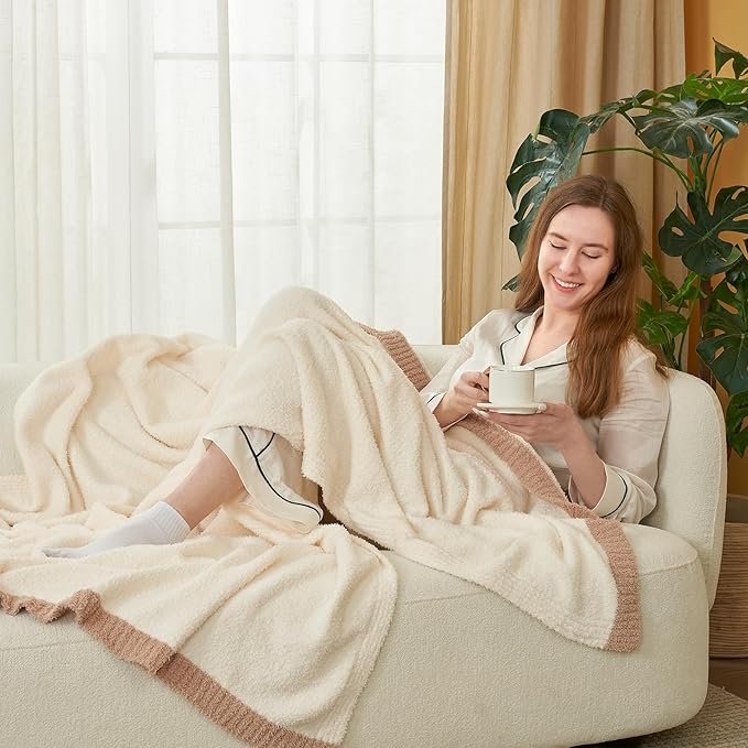 Snuggle Sac Cream Throw Blanket for Couch Bed Sofa 60x80 inches, Reversible Cream Blanket Microfiber Fluffy Fuzzy Cozy Knit Twin Blanket for Women Mothers Birthday Gifts