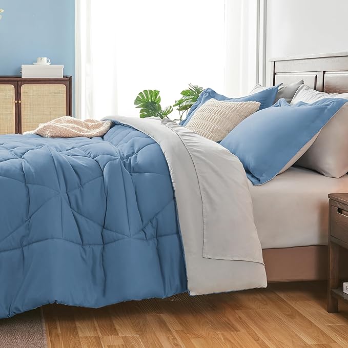 BEDELITE King Size Comforter Set 7 Pieces Bed in A Bag - Soft Microfiber Reversible Blue Bed Set with Comforters, Sheets, Pillowcases & Shams, Cozy Luxury Bedding Sets for All Season