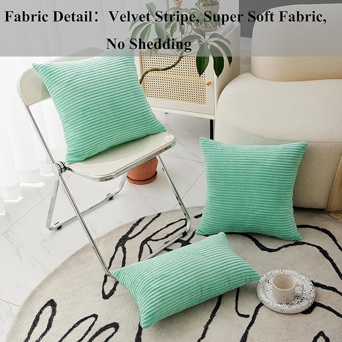 Home Brilliant Aqua Spring Pillow Covers Soft Plush Corduroy Striped Throw Pillow Cases for Sofa Couch Bed Decor, 18 x 18 Inch (45x45), Aqua Blue