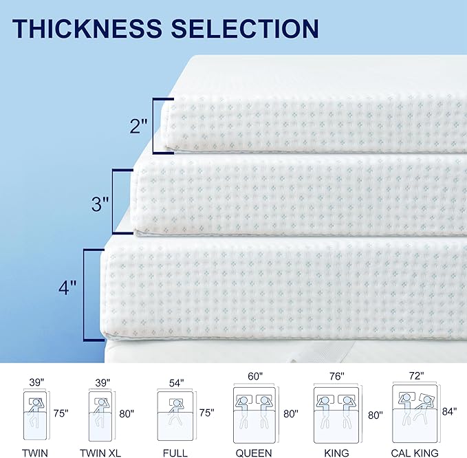 Subrtex 2 Inch Mattress Topper Cover (Only Cover) Mattress Topper Protector Bedding Rayon Made from Bamboo Removable Mattress Encasement with Zippers, CK