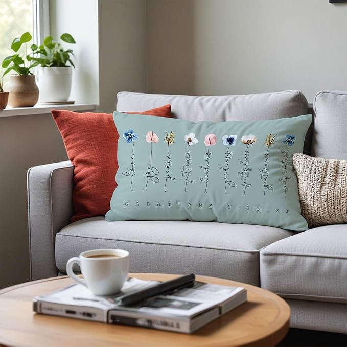 Fruit of The Spirit Bible Verse Pillow Covers 12x20, Boho Floral Christian Throw Pillow Covers for Home Office Church Decor, Christian Gifts for Women, Faith Based Gifts(Blue Grey)