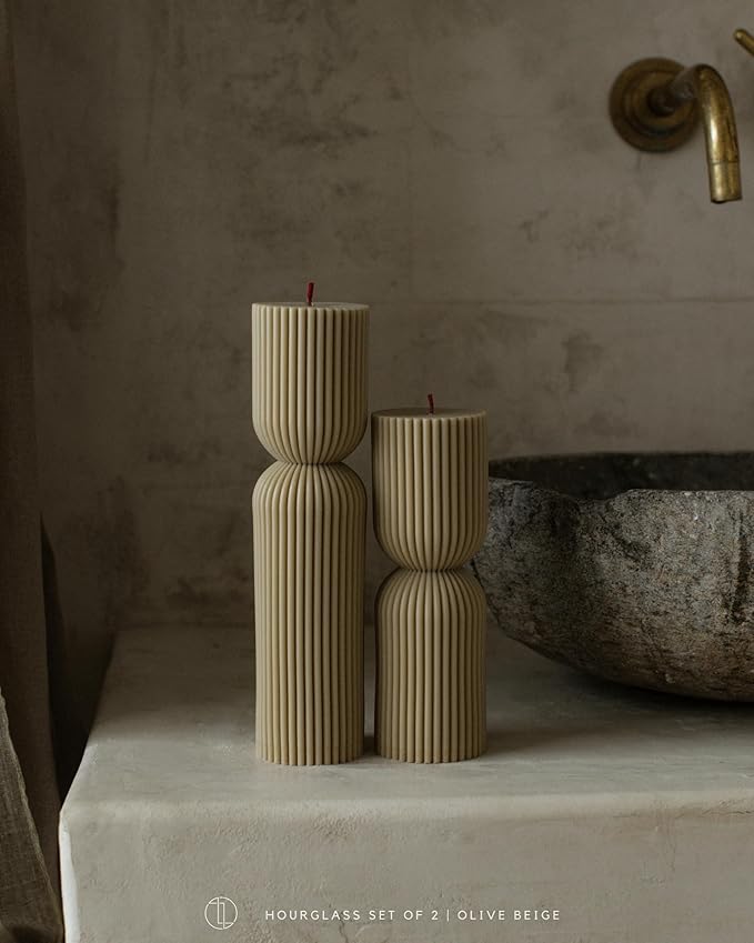 LAWA Hourglass Pillar Candle - Large Beautiful Handmade Pillar Scented Soy Wax Candle Elegant Bubble Aesthetic Candle Housewarming Gift Home Room Shelf Decor Idea Olive Beige (Set of 2)