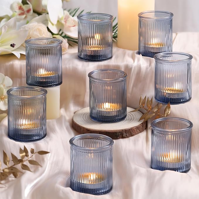 8Pcs Ribbed Blue Votive Candle Holders, Tea Light Candle Holder Glass, Blue Candle Holders for Table Centerpiece, Wedding Decor, Home and Holiday Decor