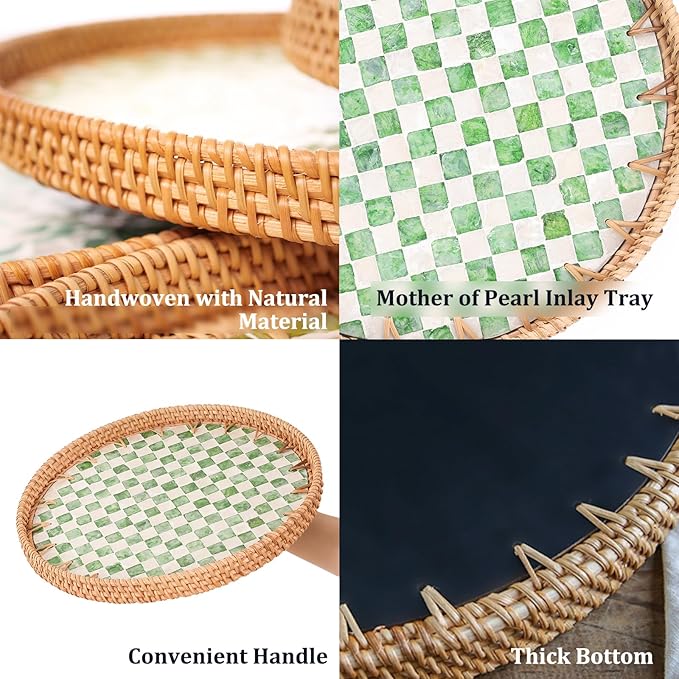 Round Rattan Tray with Mother of Pearl Inlay, Rattan Serving Tray for Coffee, Bread, Fruits, Decorative Wicker Tray for Table Decor, Home Decor, Kitchen Island Decor(Green Checkerboard, 11.8")