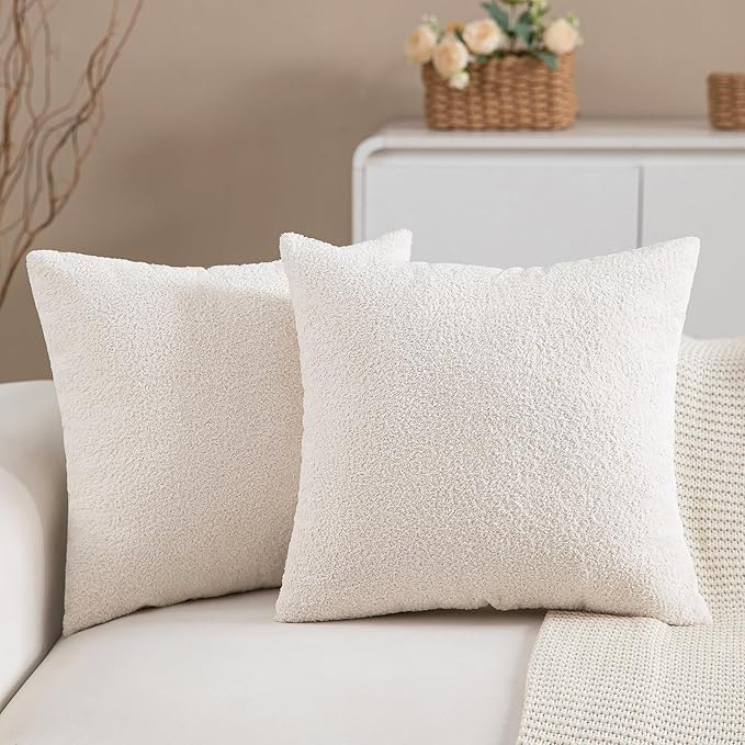 2 Packs Decorative Neutral Beige Textured Chenille Throw Pillow Covers 18x18 Inch Solid Farmhouse Boucle Couch Pillows, Modern Soft Velvet Pillowcase Cushion Covers for Living Room Home Decor