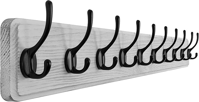 SKOLOO Farmhouse Style Large Wall Mounted Coat Rack-38.6'' Long, Pine Solid Wood Coat Hook Hanger - 10 Hooks for Hanging Clothes Robes Towels Coats