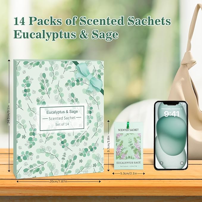 SCENTORINI Sachets for Drawers and Closets, Eucalyptus Sage Sachets Bags, Pack of 14, Home Fragrance Sachet for Wardrobe, Closet, Drawer