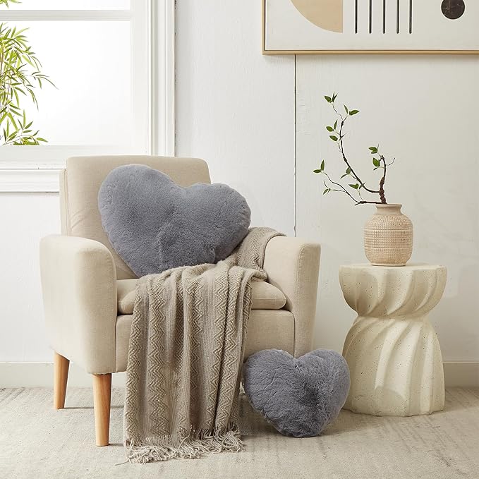 YRXRUS Heart Pillows, Love Heart Shaped Pillow, Small Cute Grey Heart Pillows for Gifts, Faux Rabbit Throw Pillows for Her, Kids, Girls Home Decoration, 10X11 Inch