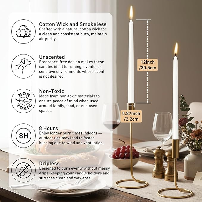 Viyffo Taper Candles 12 Inch – 4 Pack White, Dripless, Unscented, Smokeless – 9 Hour Burn – Tall Candlesticks for Wedding, Dinner, Holiday, Party, Home Decor