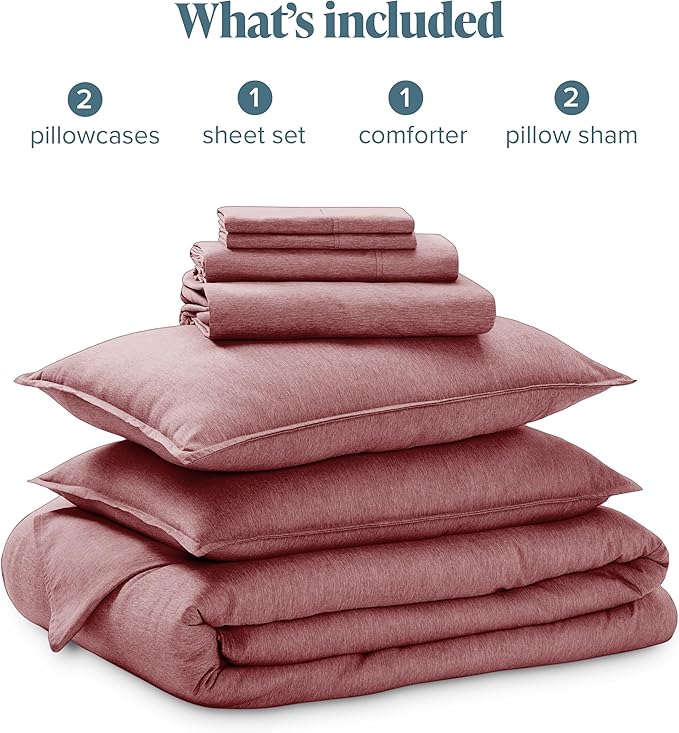 Bare Home Bed-in-A-Bag 7 Piece Comforter & Sheet Set - Queen - Goose Down Alternative - Ultra-Soft 1800 Premium - Bed Set - Cationic (Queen, Heathered Rosewood)