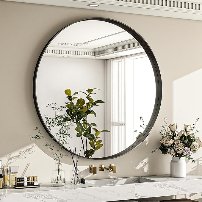 36 inch Round Bathroom Mirror, Black Metal Deep Frame Wall Mounted Circle Mirror for Wall Decor, Living Room, Vanity, Entryway, Hanging or Leaning