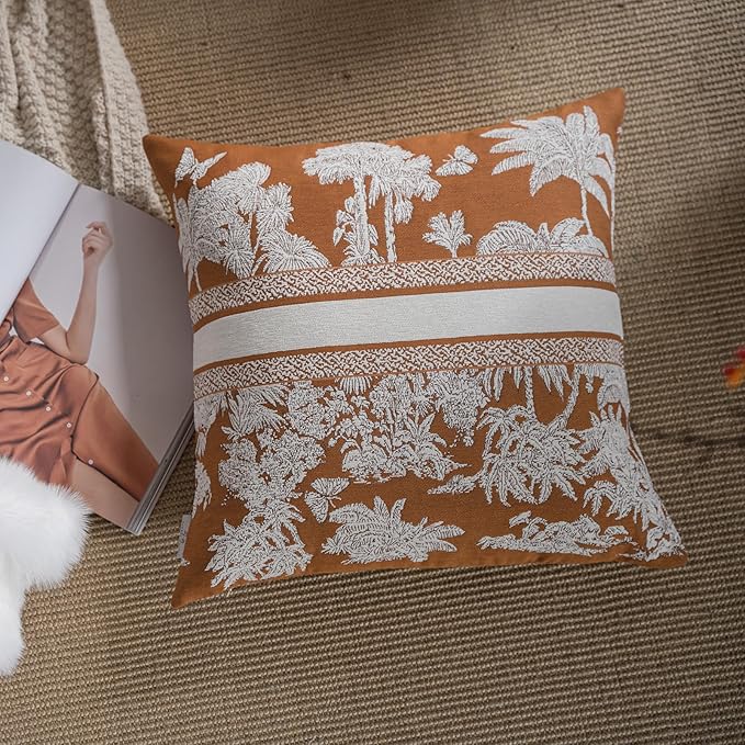 Premium Throw Pillow Covers 20x20 Inches - Tawny Birch Jungle with White Palm Tree Chenille Jacquard Embroidery Decorative Couch Pillow Covers for Living Room Bedroom Sofa