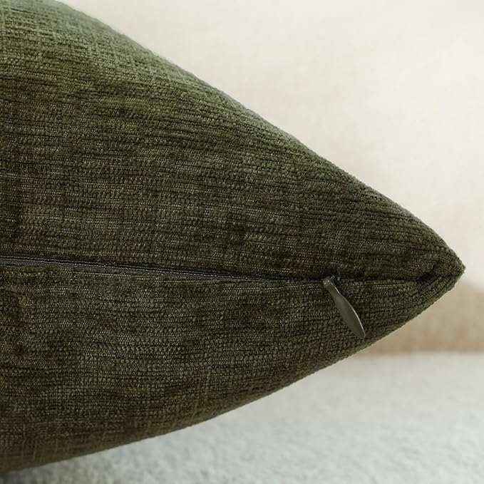 Sage Green Chenille Decorative Couch Throw Pillow Covers, Soft Cushion Cases for Home Livingroom Sofa Décor, Pack of 2, 20 x 20 Inches