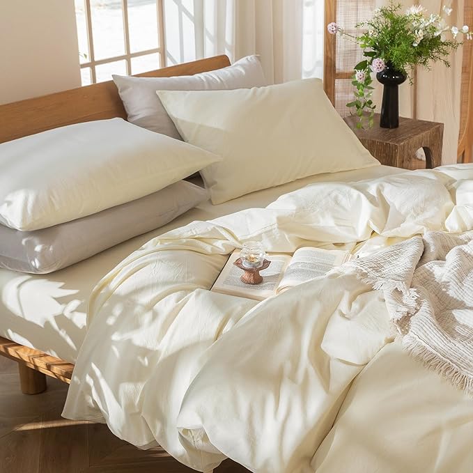 MooMee Bedding Duvet Cover Set 100% Washed Cotton Linen Like Textured Breathable Durable Soft Comfy (Solid Cream White, Alaska King 132"x120")