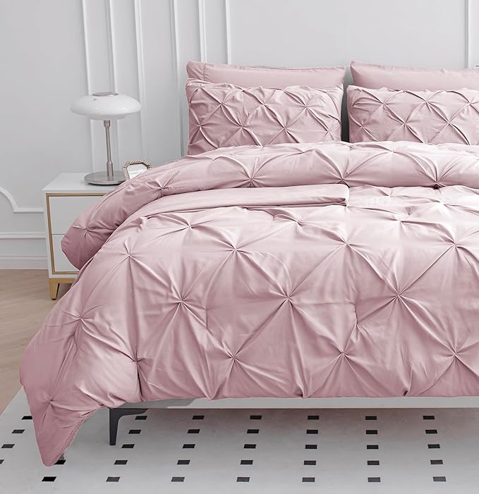LANE LINEN Twin Comforter Set, 5 Piece Twin Size Bed in a Bag Sets, Pintuck Bedding Sets & Collections with Pink Comforter, Sheets, Pillowcases & Shams, Soft Twin Bedding Set - Sepia Rose