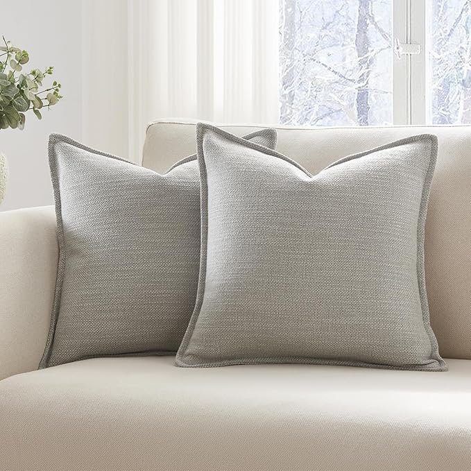 Meekio Set of 2 Light Gray Pillow Covers 18x18, Linen Look Throw Pillow Covers with Flange Edge for Sofa Couch Living Décor