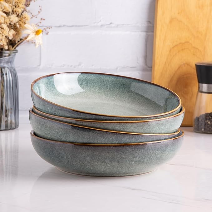 AmorArc 8.5'' Large Pasta Bowls, 36oz Ceramic Pasta Serving Bowls Set of 6 for Kitchen, Wide Bowls for Pasta,Salad,Oatmeal, Microwave Safe, Ocean Blue