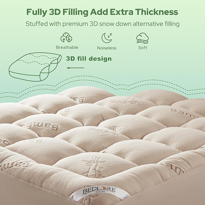 BEDLORE California King Mattress Topper Viscose Derived from Bamboo, Thick Pillow Top Mattress Pad with Stretchable Pockets for 6"-18" Mattress, Soft Mattress Topper for Back Pain Relief(Beige)