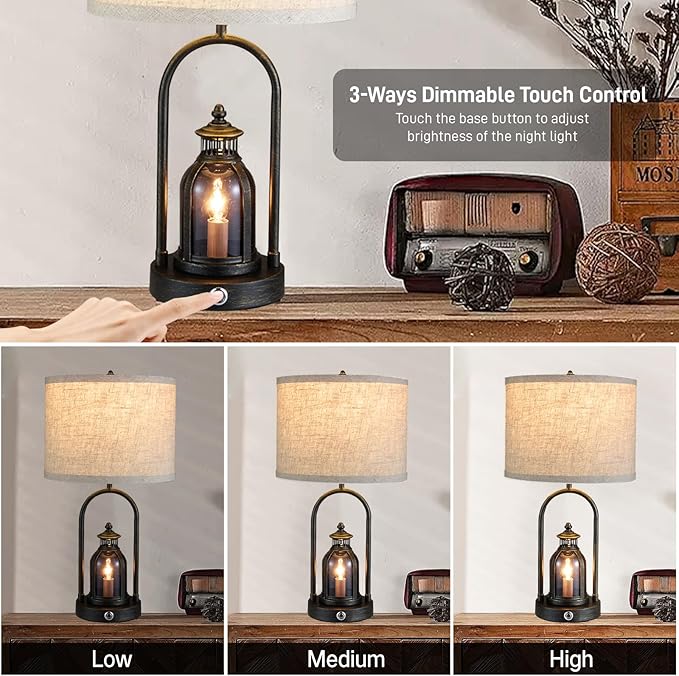 Farmhouse Lantern Table Lamps for Living Room Set of 2, Rustic Vintage Bedroom Nightstand Beside Desk Lamp with 2 USB Charging Ports,Dimmable Touch Night Light,4 Bulbs Included (Black)