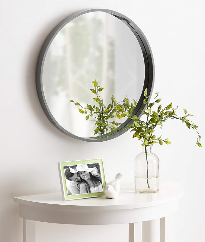 Kate and Laurel Travis Round Wood Wall Vanity Mirror, 22 Inch Diameter, Gray, Modern Circle Mirror for Use as Bathroom Mirror for Over Sink or Accent Entryway Mirror
