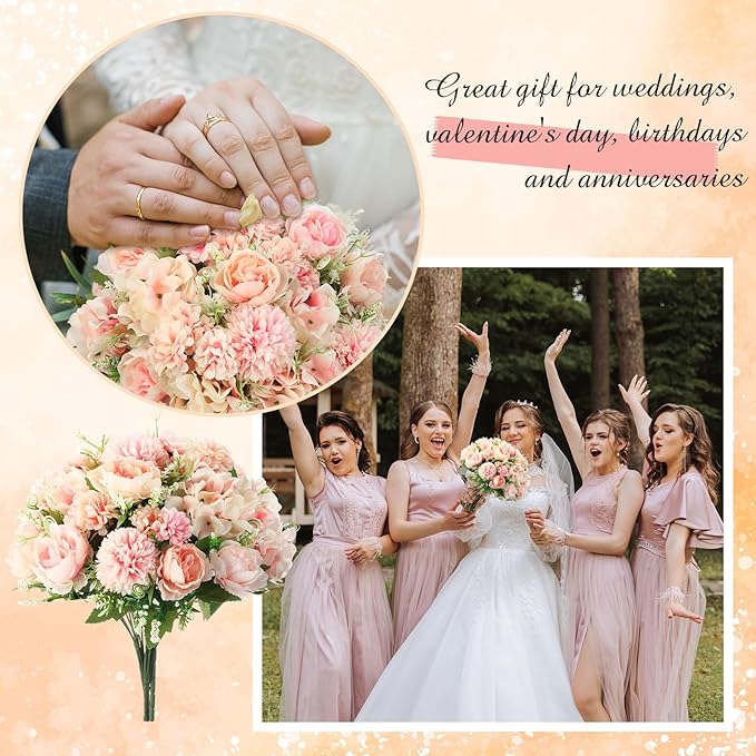 Tigeen Artificial Flowers Artificial Peonies Silk Flowers Faux Peony Fake Peony Silk Hydrangea Bouquet for Wedding Table Centerpiece Floral Vase Decor(Pink,24 Bundles)