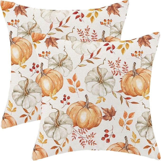 Fall Pillow Covers 16 x 16 Inch, Watercolor Burnt Orange Grey Pumpkin Leaf Autumn Decor Throw Pillows for Home Couch Bed, Harvest Thanksgiving Decorative Pillowcase Linen Cushion Cover Set of 2