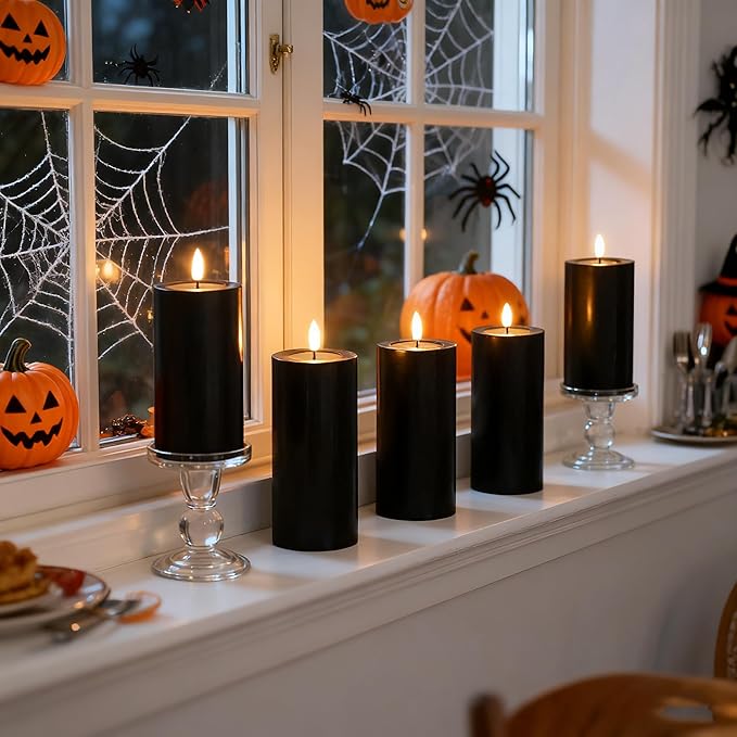 4 Packs Flameless Candles, Black Battery Operated Candles, Black Halloween LED Candles, Real Wax Flickering Candlelights with Remote for Home Fall Halloween Christmas Party Candelabra