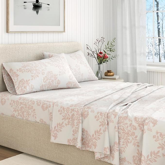 Great Bay Home Flannel Sheet Set Twin Size - 100% Turkish Cotton, Double-Brushed, Winter Floral Bed Sheets - Ultra-Soft, Cozy, 3-Piece Bedding Set (Toile - Blush Pink)