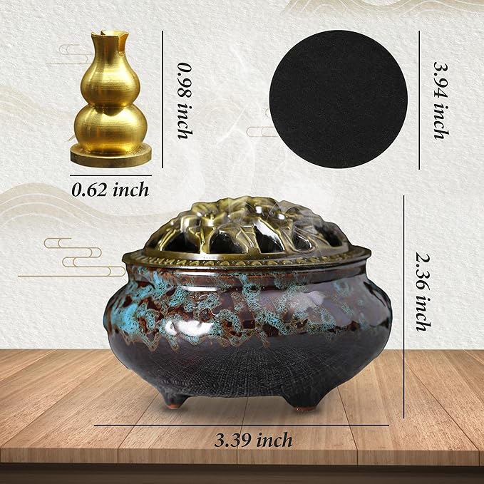 Ceramic Incense Burner with Lid, Bowl Burner， Cone Incense Burner, Ceramic Censer Suitable for Incense/Cone/Coil/Sticks, There are 30 Incense Cones+ Metal Incense Holder+Fireproof Cotton Inside.