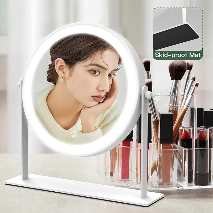 10"x10" Lighted Makeup Mirror, Vanity Mirror with Lights, Dimmable Touch Screen, Light up Mirror, Portable Travel Mirror, Cosmetic Mirror for Makeup Desk, 360° Rotation, White