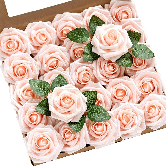 Ling’s Moment Artificial Flowers 25Pcs Glowing Blush Roses Decor w/Stems,3" Real Touch DIY Foam Floral for Wedding Bouquet/Centerpieces, Outdoors Party Backdrop, Room/Table, and Garden/Pot Decorations