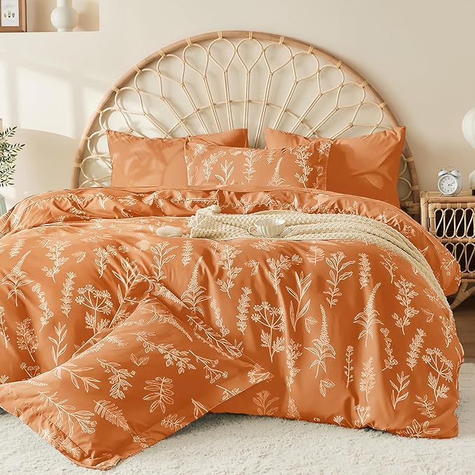 MUXHOMO Burnt Orange Bed in a Bag King 7 Pieces, King Comforter Set Reversible Botanical Flowers Design, Ultra Soft & Breathable Bedding Sets with Comforter, Sheets, Pillowcases & Shams
